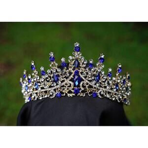 Royal Blue Crystal Tiara Bridal Gold Crown Birthday Wedding Gift Diadem Vintage